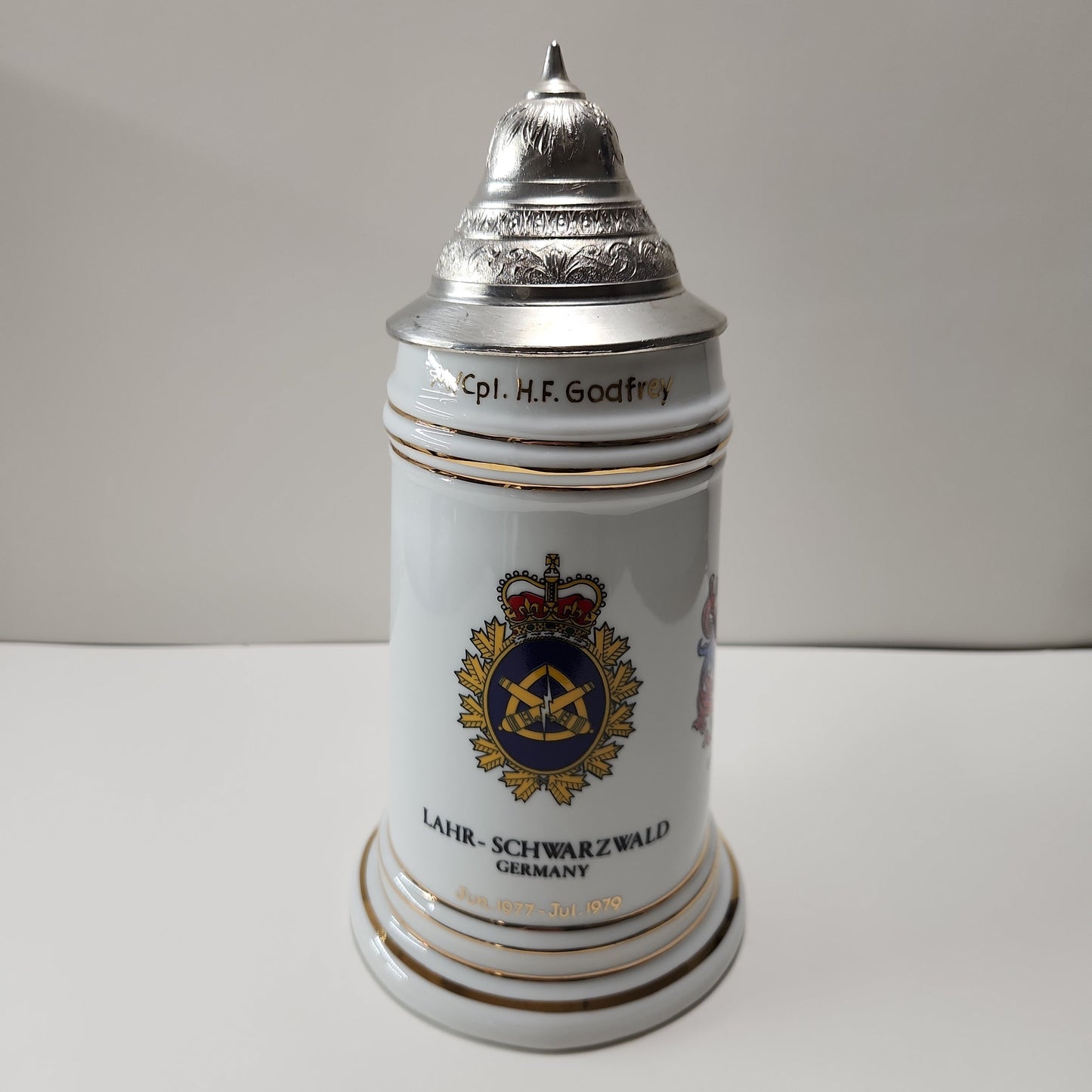 Exclusive Master Corporal H.F. Godfrey Commemorative Beer Mug: A Unique Tribute to Military Service in LAHR-SCHWARZWALD, Germany (1977-1979)